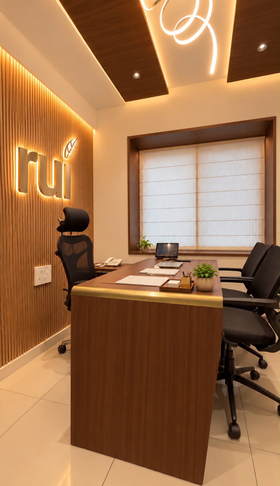 Executive desk and seating area with custom ceiling light